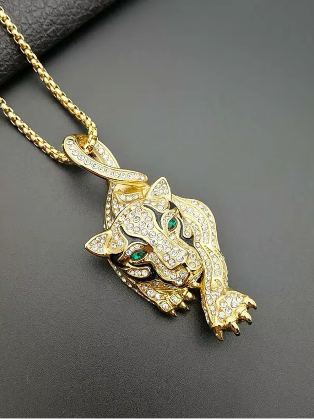 Gold Tiger Crystal Growling Pendant Necklace Enamel 24-In